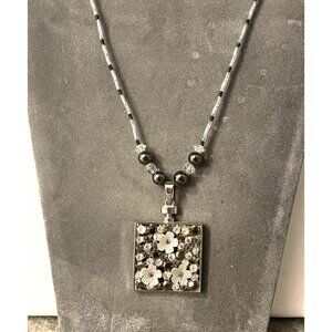 Handcrafted Silver and Gray Beaded Necklace w/Square Pendant  # 5009